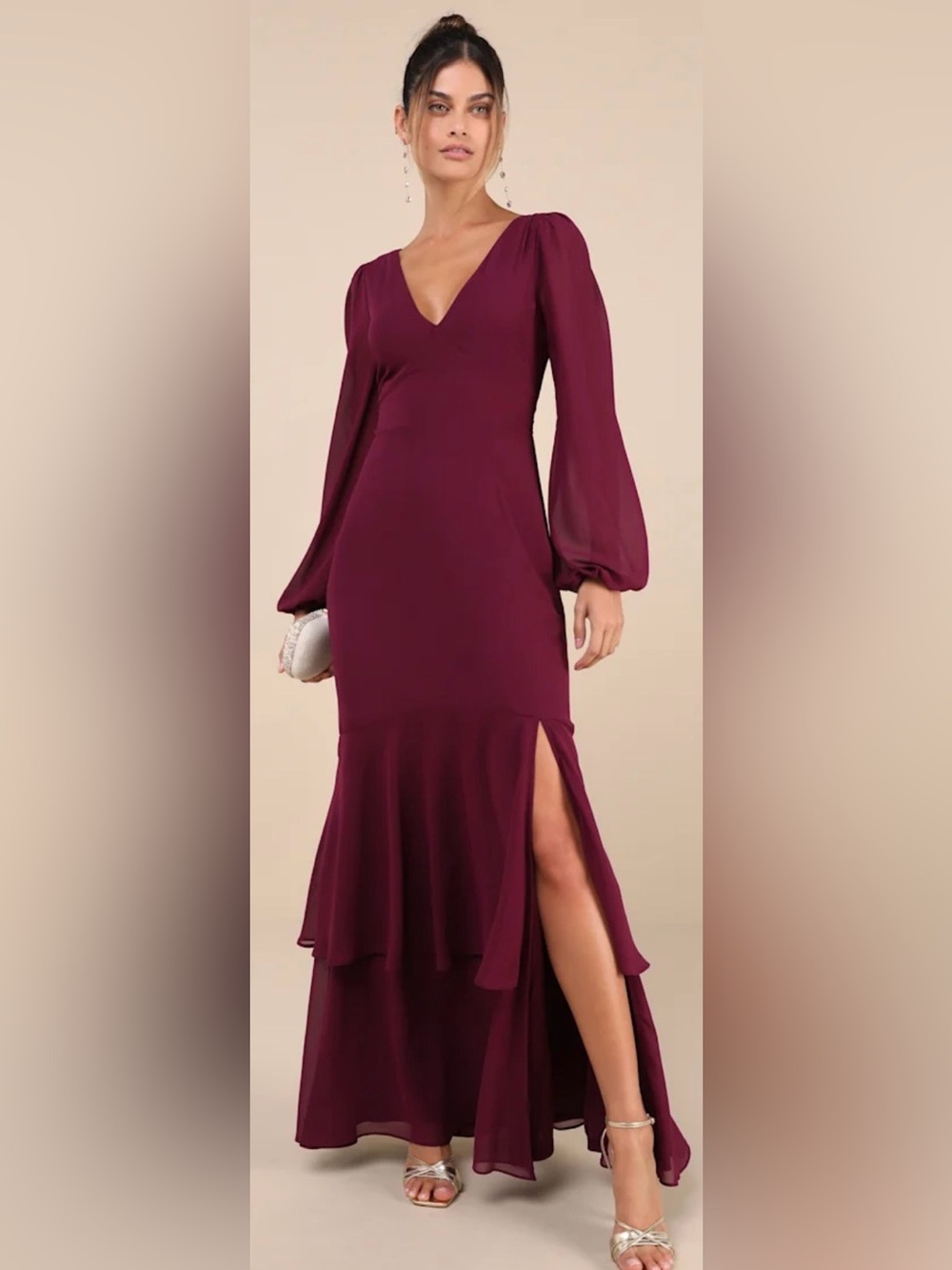 Lulu's Burgundy Long Sleeve V-Neck Slit Maxi Dress